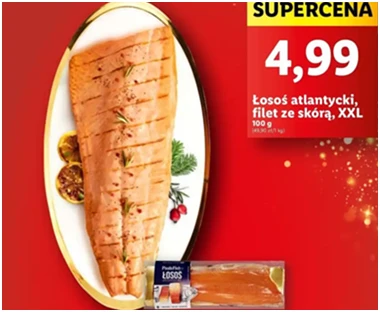 Łosoś atlantycki xxl - filet ze skórą - Targ Rybny Lidla - Lidl - 49.9 zł - od 12.12.2024 do 15.12.2024