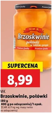 Brzoskwinie połówki - w lekkim syropie - M&K - Lidl - 8.99 zł - od 12.12.2024 do 15.12.2024