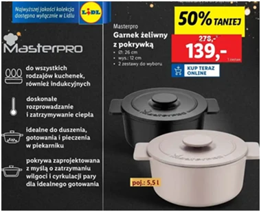 Garnek żeliwny - z pokrywką 26 cm - Masterpro - Lidl - 139 zł - od 12.12.2024 do 15.12.2024