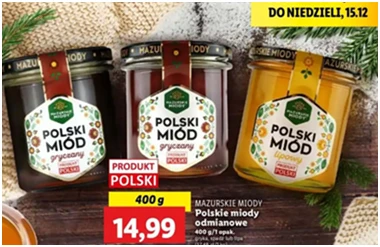 Miód polski - lipowy - Mazurskie Miody - Lidl - 14.99 zł - od 12.12.2024 do 15.12.2024